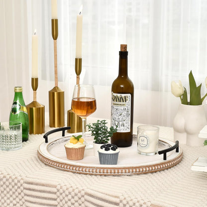 SwallowLiving 18Inch White Wooden Beaded Serving Tray with Handle Decorative Rustic Whitewashed Tray for Coffee Table Farmhouse Round Tray for Kitchen, Living Room and Bedroom