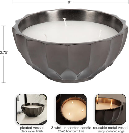 Kate and Laurel Plete Round Pleated Metal Candle Bowl, 8 Inch Diameter, Black Nickel, Modern Scalloped Three-Wick Unscented Candle with Decorative Bowl for Living Room Decor