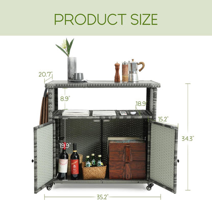 Wicker Outdoor Bar Cart - Gray Gradient Patio Console Storage Table Buffet Cabinet Serving Kitchen Cart with Wheels for Outside Backyard