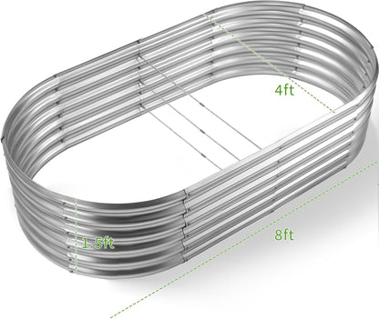Land Guard Galvanized Metal Raised Garden Bed Kit, 8x4x1.5ft Large Planter Boxes Outdoor, Oval Gardening Box, Patio Garden Planter Box for Vegetables (Silver)