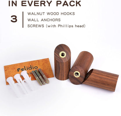 Wood Hooks, 3 Pack Wall Hooks Heavy Duty Rustic Coat Hooks Wall Mounted, Decorative Hooks for Hanging Coats Hats Towels Robes Hat Rack for Wall (Walnut Wood)