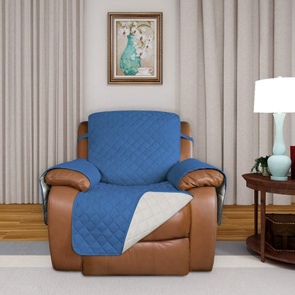 PureFit Reversible Quilted Sofa Cover, Water Resistant Slipcover Furniture Protector, Washable Couch Cover with Non Slip and Elastic Straps for Kids, Dogs, Pets (Oversized Recliner, Blue/Ivory)