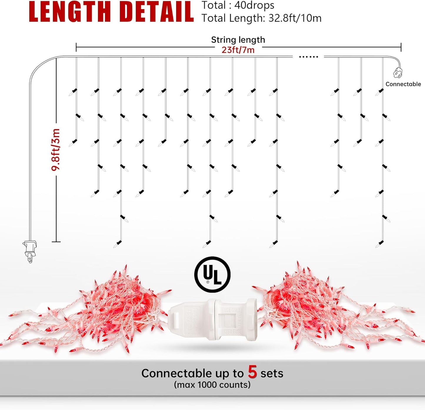 YOUNGAR 23FT 200 Icicle Christmas Lights, Waterproof Connectable Twinkle Fairy Lights for Indoor Outdoor Fireplace Wedding Decorations (Red)