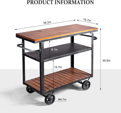 Diwhy Industrial 3 Tier Rolling Utility Storage Cart Wine Beverage, Metal Wine Rack with Wheels Kitchen Bar Dining Room Tea Wine, Storage Cart with Wood