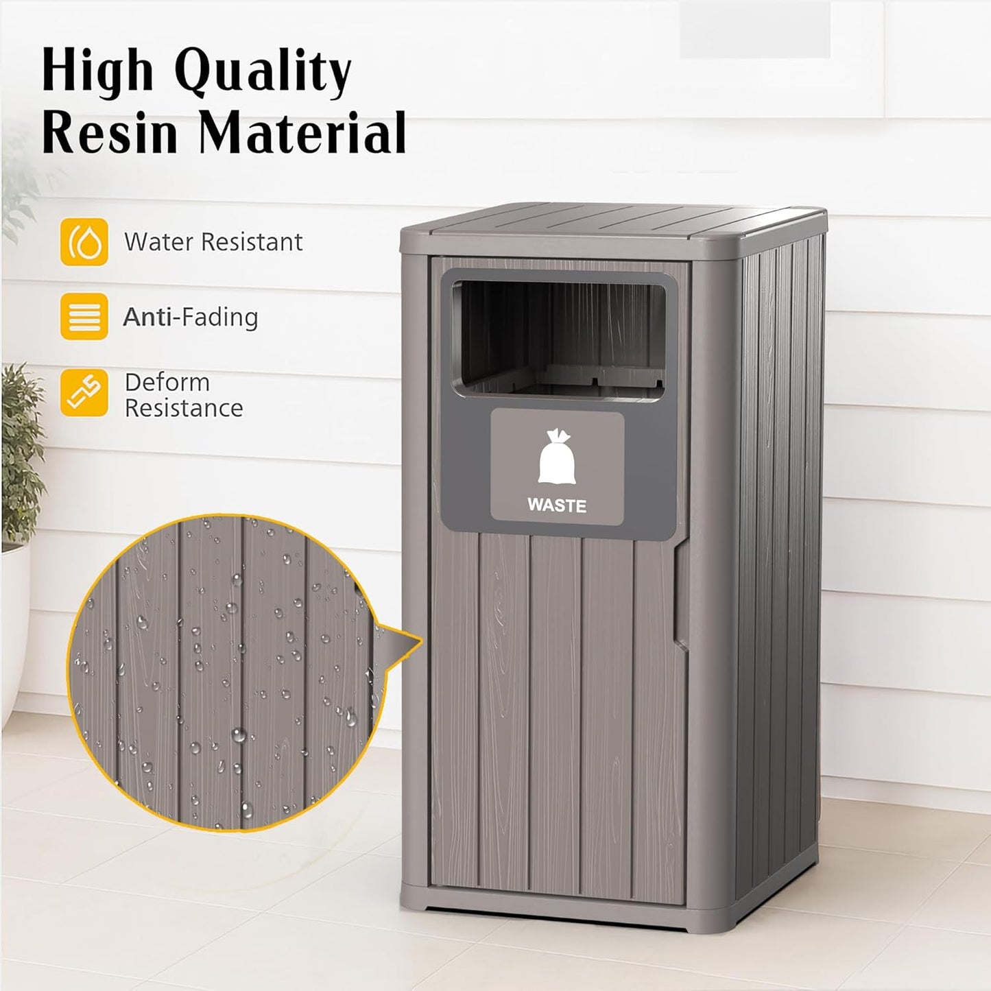 ROJIK 35" Tall Outdoor Trash Can,Weatherproof Resin Garbage Indoor Durable Lightweight,Suitable for Patio Office Kitchen,Easy to Clean,Assemble (Waste,Grey)