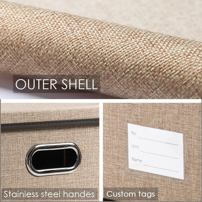 PRANDOM Storage Bins with Lids [3-Pack] Jute Fabric Foldable Storage Boxes Organizer Containers Baskets Cube with Cover for Home Bedroom Closet Office Nursery khaki（23.4X15.9X11.5