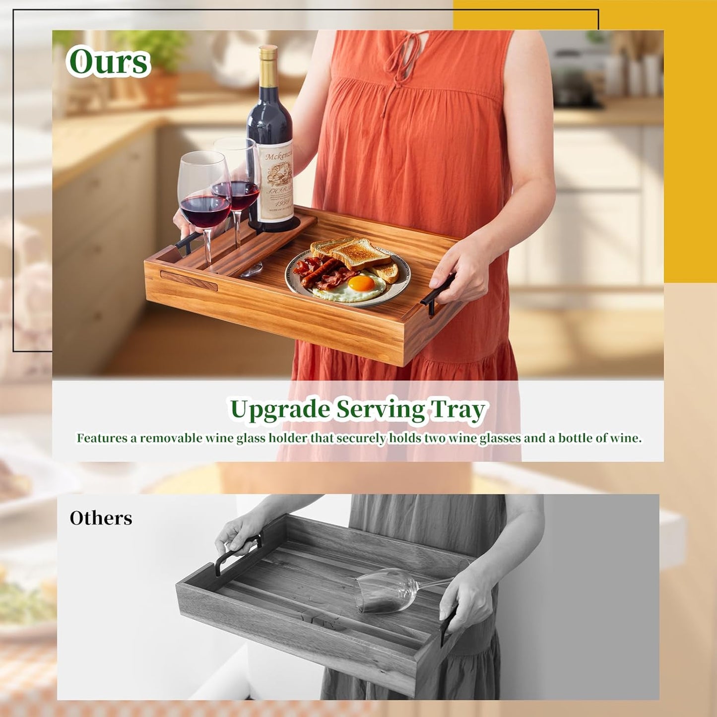 Wood Serving Tray with Handles, 17"x12" Rustic Wooden Trays with Removable Wine Glass Holder Decorative Ottoman Tray for Living Room, Coffee Table, Breakfast Food Trays in Bed