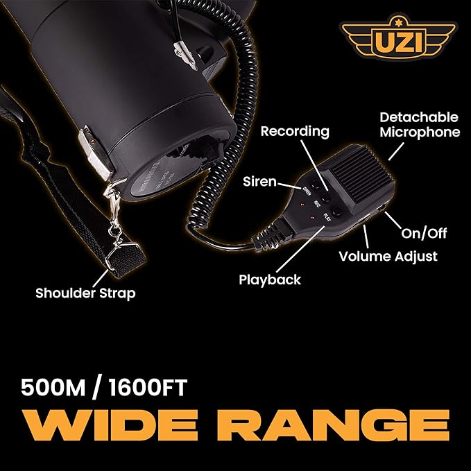 Uzi High Power Loud Big Bluetooth Megaphone 50W, Professional Bullhorn Megaphone Used by First Responders, Police & Agencies, Rechargeable Battery, PA System, Outdoor Activitie