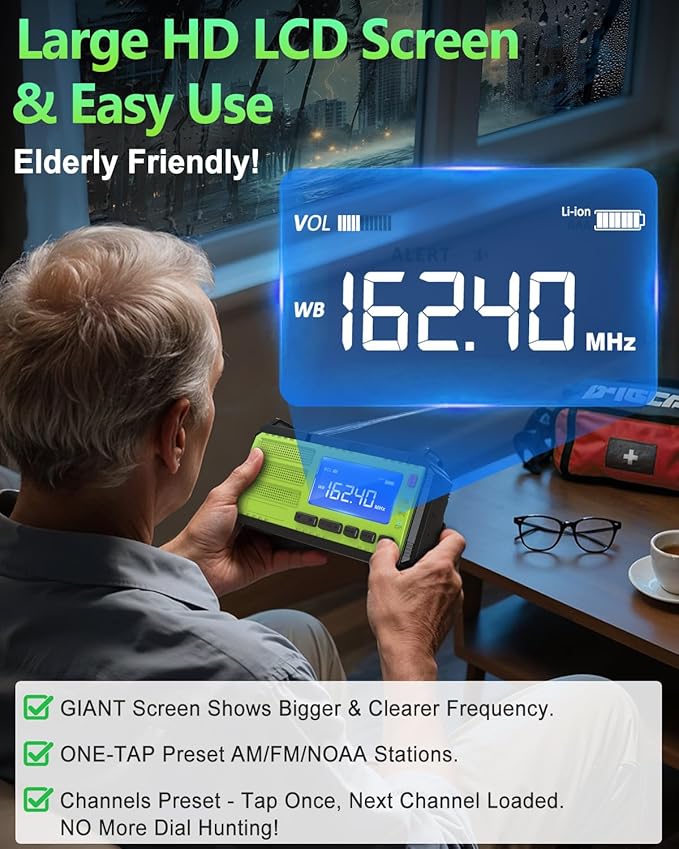 10000wAh/37000mWh Hand Crank Emergency Radio, AM FM NOAA Weather Alert Radio, Portable, Solar, 4 Charging Methods, 3-Mode Flashlight, Reading Lamp, SOS Alarm, Phone Charger for Winter Storm Emergency