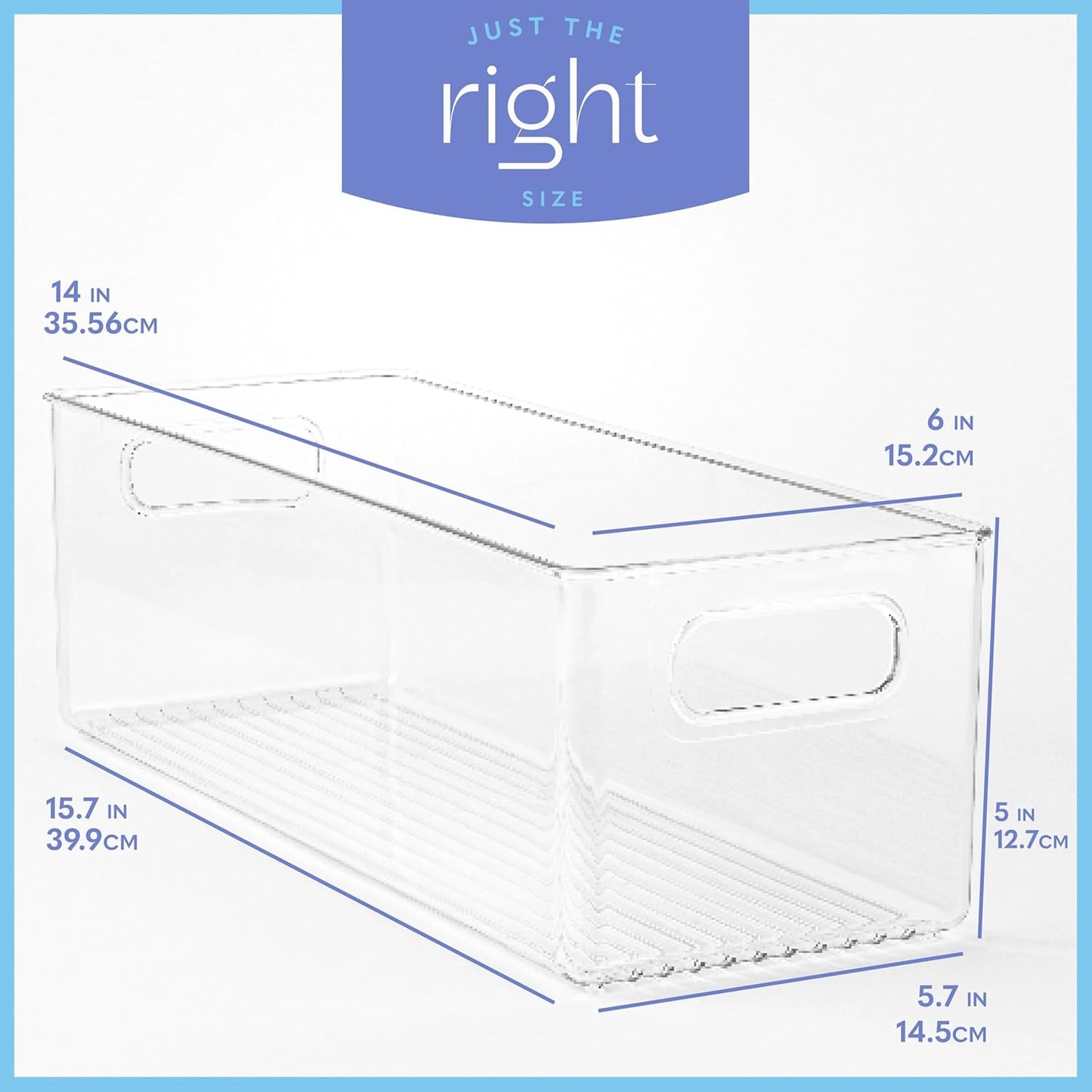 Plastic Food Storage 2 Pack Clear Container Bin with Handles for Organizing Kitchen, Pantry, Fridge, Freezer, Pantry, Bathroom. 14"x6"5"