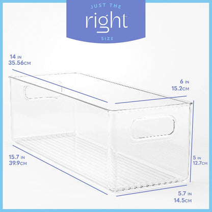 Plastic Food Storage Clear Container Bin with Handles for Organizing Kitchen, Pantry, Refrigerator, Freezer, Pantry, Cabinet, Closet, Bathroom. 14”x8”x5”