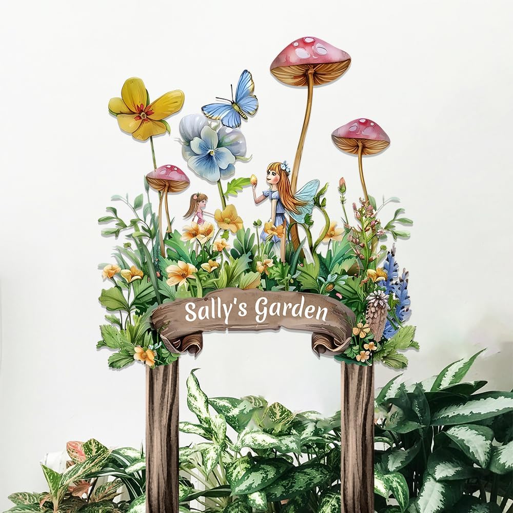 Personalized Cute Fairy Metal Sign with Stake,Custom Gardener Family Name Signs Outdoor Decor,Customized Butterfly Gardening Gifts for Mother,Flowers Plaques Decorate for Garden Patio Lawn Porch Yard