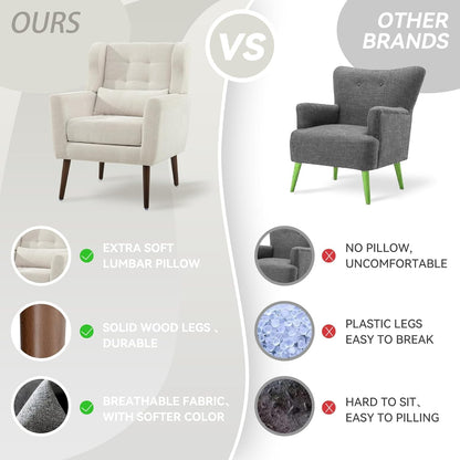 Modern Accent Chair, Upholstered Armchair with Pillow, Fabric Single Sofa Chair with Lounge Seat and Wood Legs Accent Chair for Living Room Bedroom Small Spaces (Beige, Set of 2)