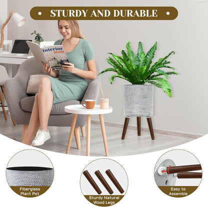 Flower Pot with Legs Tall Flower Pot with Drainage Holes for Indoor and Outdoor Decorative Planting (Gray Wave, 12 Inches)