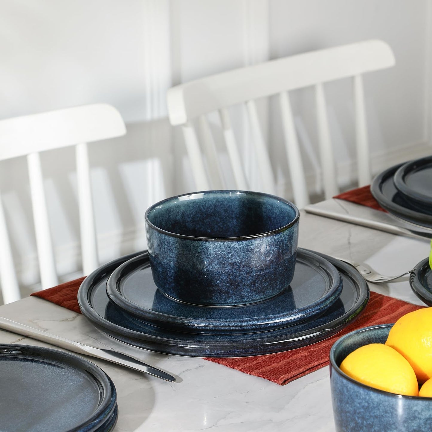 Stone Lain Eden 24-Piece Dinnerware Set Stoneware, Plates and Bowls Set, Dishwasher and Microwave Safe Dish, Dish Set for 8, Dark Blue