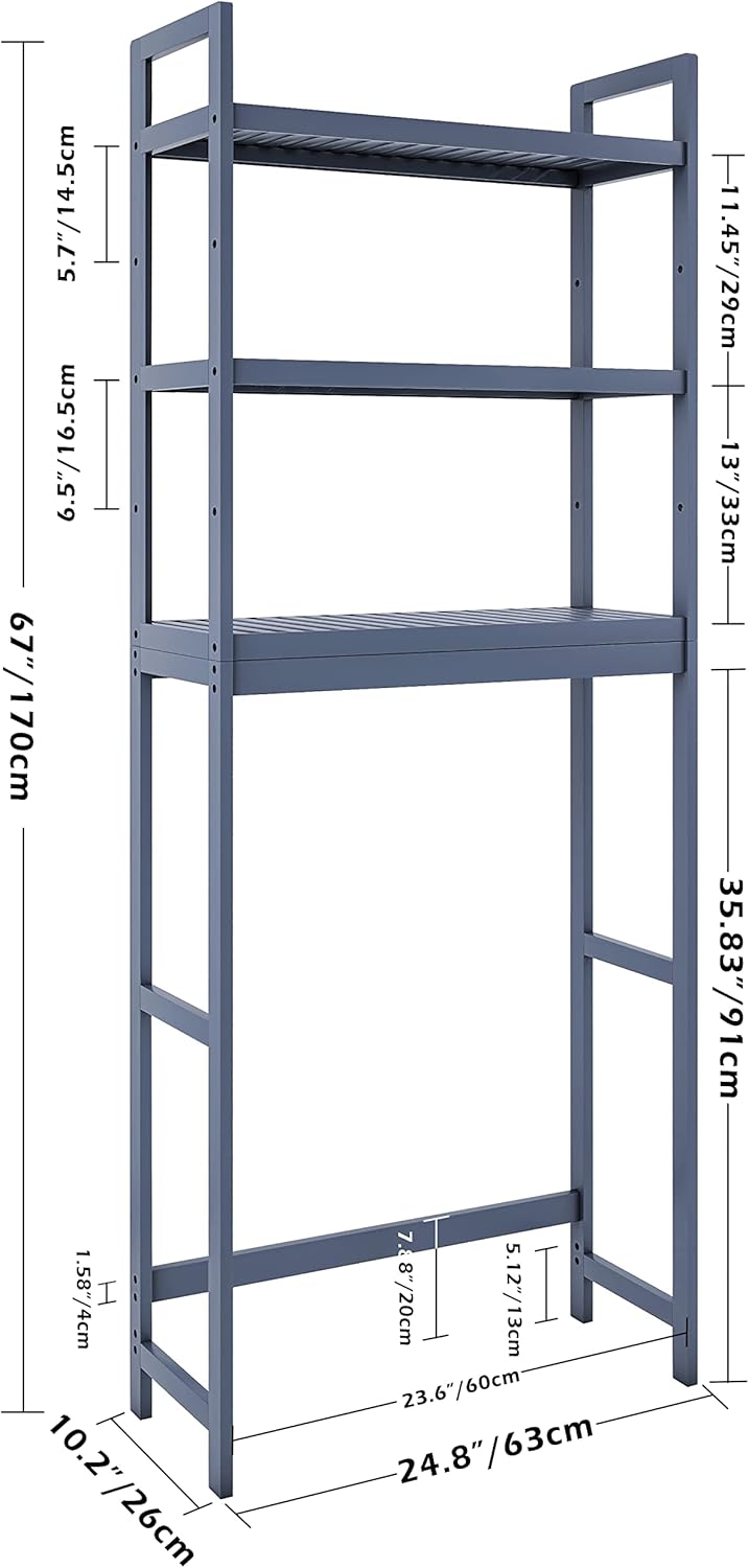 SMIBUY Bathroom Storage Shelf, Bamboo Over-The-Toilet Organizer Rack, Freestanding Toilet Space Saver with 3-Tier Adjustable Shelves (Grey)