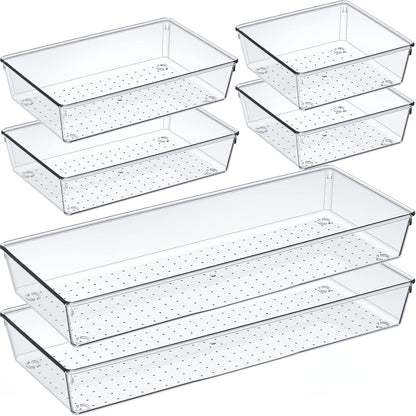 Criusia 6 Pcs Large Size Clear Drawer Organizer Set, Acrylic Non Slip Non Cracking Kitchen Drawer Storage Tray Divider, Multifunctional Storage for Cosmetics, Bathroom, Tools, Kitchen and Office