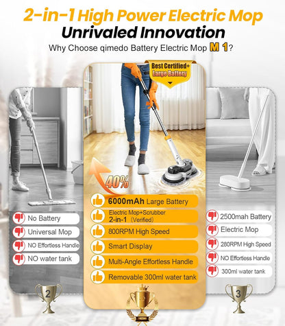 qimedo 800RPM Cordless Electric Mop, 6000mAh Battery Electric Power Scrubber & Mops for Floor Cleaning, Best Automatic Spin Mops with Smart Display,Rotating Mop with LED Light & Water Spray
