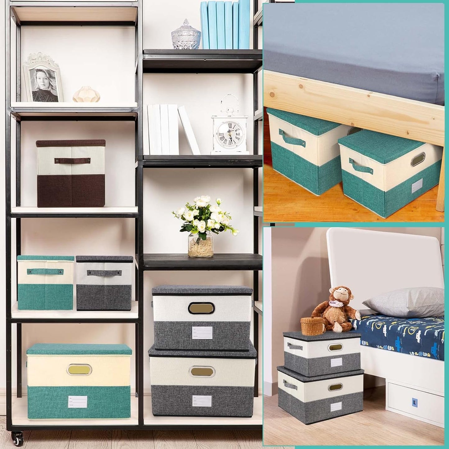 Large Linen Fabric Foldable Storage Bins with Removable Lid and Handles, Washable Storage Box Organizer Containers Baskets Cube with Cover for Bedroom,Office (Black&White, Medium(2-Pack))