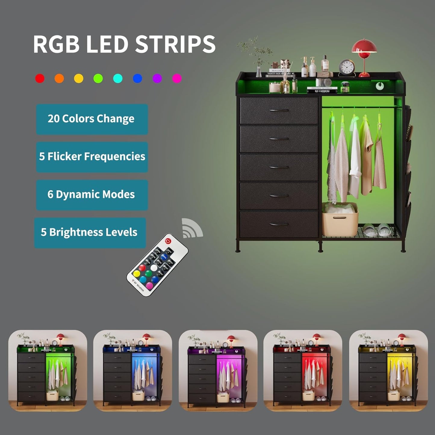 LUMTOK 2-in-1 Dresser with Hanging Racks,5 Fabric Drawers Dressers with LED Lights, Charging Station for Bedroom Living Room, Entryway, Closets (Black)