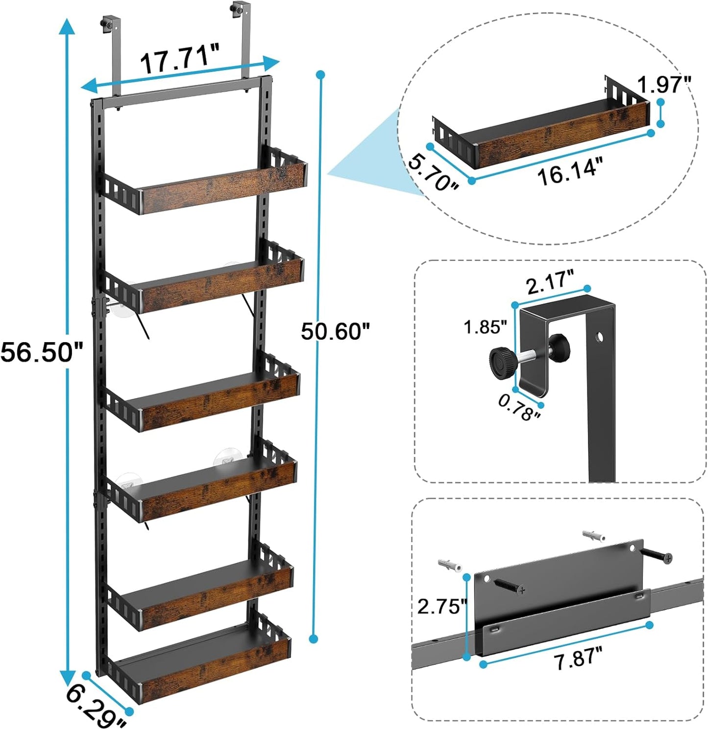 bukfen Over the Door Pantry Organizer, 6-Tier Adjustable Wooden Basket Kitchen Pantry Door Organization and Storage, Heavy-Duty Metal Hanging Kitchen Spice Rack,D6.3 x W17.71 x H50.60 inch,1 Pack