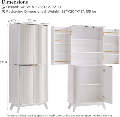 OKD Fluted Kitchen Pantry, 72" Tall Mid Century Modern Storage Cabinet with Adjustable Shelves & Door Organizer, Wood Cabinet for Kitchen, Living Room, Solid White