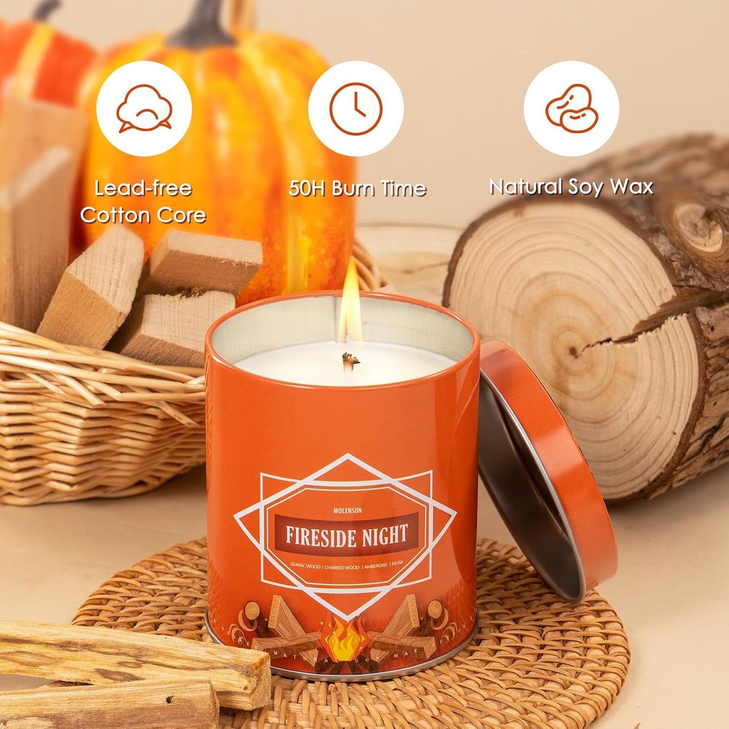 Fireside Night Fall Scented Candle – 9 oz Soy Wax in Travel-Friendly Reusable Tin, Non-Toxic & Clean Burning, 50-Hour Burn – Cozy Autumn Fragrance, Holiday Gift & Fall Decor for Women & Men