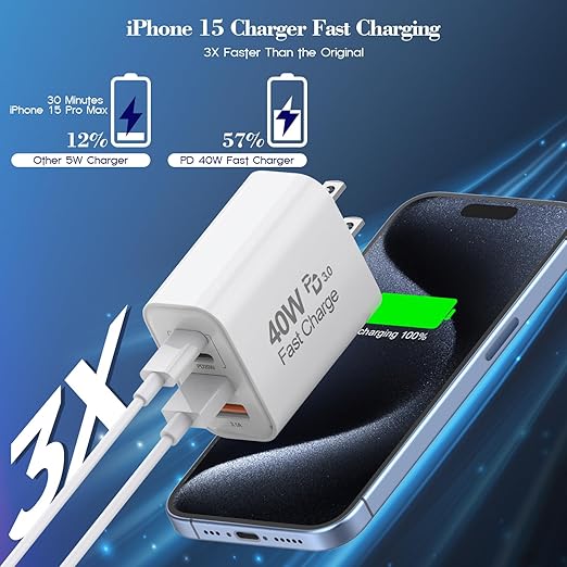 40W iPhone 17 16e 15 Charger Block Fast Charging,2Pack USB C Wall Charger,4-Port Fast USB Wall Adapter PD + QC Multiport Block Cube for iPhone 17 Air/17 Pro/Pro Max/16/16 Pro/15/14/13/12/11/Pro Max/XS