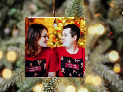 Personalized Christmas Ornament, Add Photo Text or Art Design and Make Your own Customized Porcelain Ceramic Ornament, Gold String and Gift Bag Included (Square)