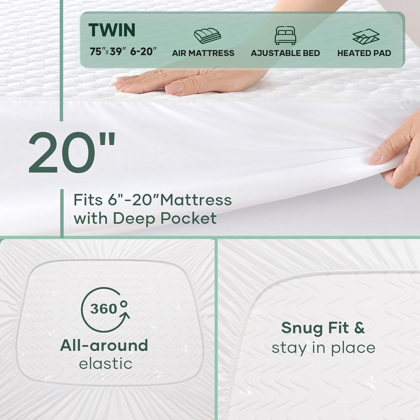 OhGeni 100% Waterproof Mattress Protector, Twin Size Mattress Pad, Fits 6"-20" Mattresses with Deep Pocket, Cooling, Breathable Fitted Sheets, Soft Bed Cover, Noiseless, Machine Washable