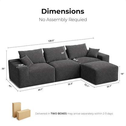 LIKIMIO 120" Modern L-Shaped Modular Sectional Sofa for Living Room, Corduroy Upholstery Dark Grey, Oversized 3-Seater Couch with Deep Seat and Movable Ottoman – No Assembly