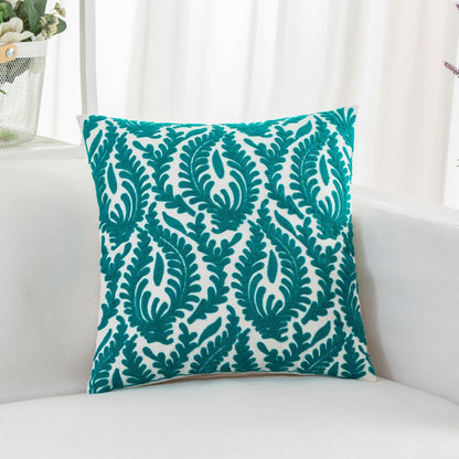 HWY 50 Teal Decorative Throw Pillow Covers 18x18 Inch (1 Piece), Embroidered Cotton Farmhouse Cushion Cover Pillow Case for Sofa Couch Living Room Bed Bedroon, Floral Branches