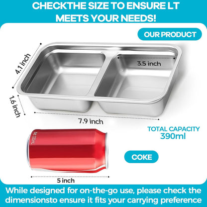 4 Pack Stainless Steel Snack Containers Reusable, Grab and Go 2 Compartment Food Storage Containers with Leakproof Lids for Travel and Outdoor Camping School Lunch Prep Dishwasher Safe 7.9" Size