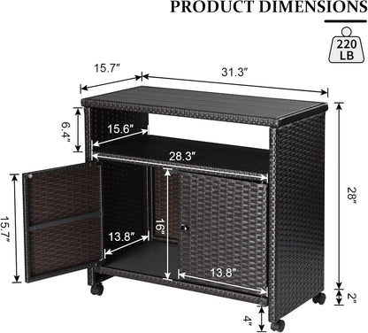 Outdoor Wicker Storage Cabinet - Patio Bar Table with Wheel,Outdoor Buffet Cabinet Movable,Garden Weather-Proof Bar Table/Cart for Indoor&Outdoor (Dark Brown)
