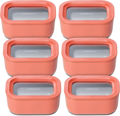Caraway 6pc Glass Food Storage Set - 2.6 Cup Storage Containers For Food (6) - Non-Toxic Ceramic-Coated Glass - Air Release Technology - Compact & Stackable Design - Perracotta
