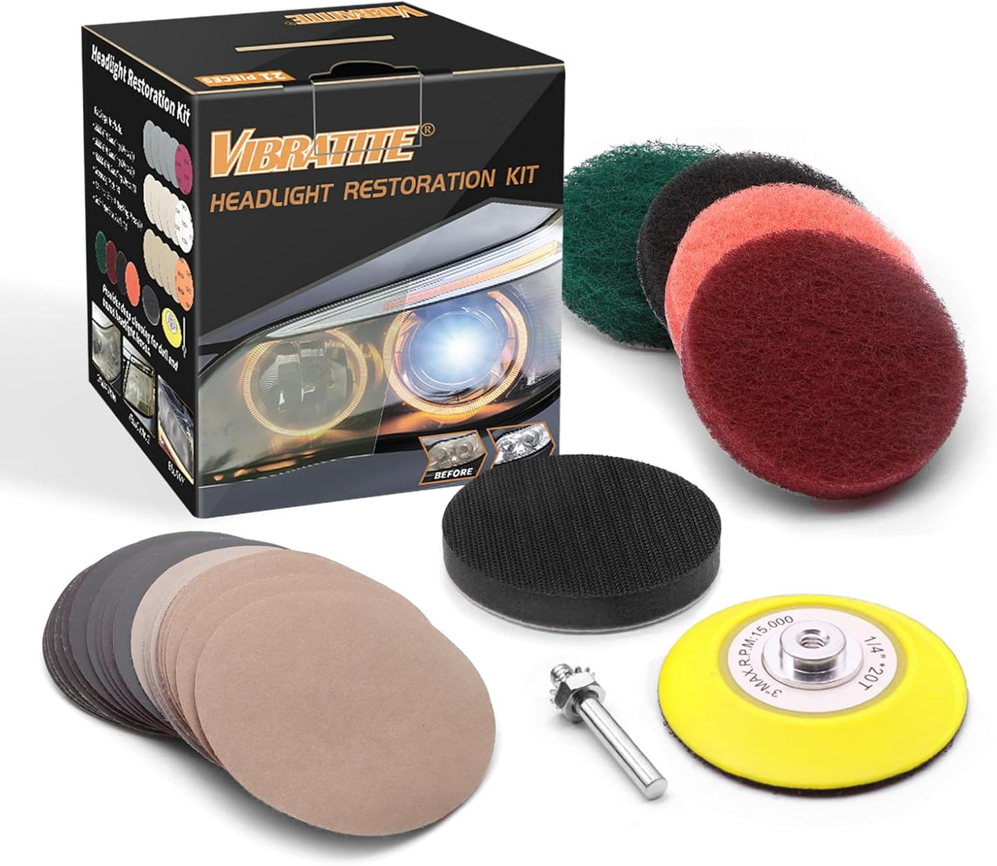VIBRATITE Headlight Restoration kit for Electric Drill Based Car Lights DIY Polishing kit with 3 Inch Sanding Backing Pad, Mop, Drill Adapter, Sponge Buffer Pad, 21PCS