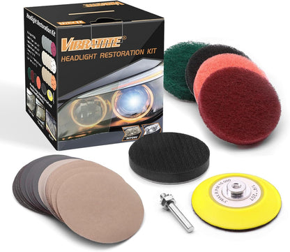 VIBRATITE Headlight Restoration kit for Electric Drill Based Car Lights DIY Polishing kit with 3 Inch Sanding Backing Pad, Mop, Drill Adapter, Sponge Buffer Pad, 21PCS
