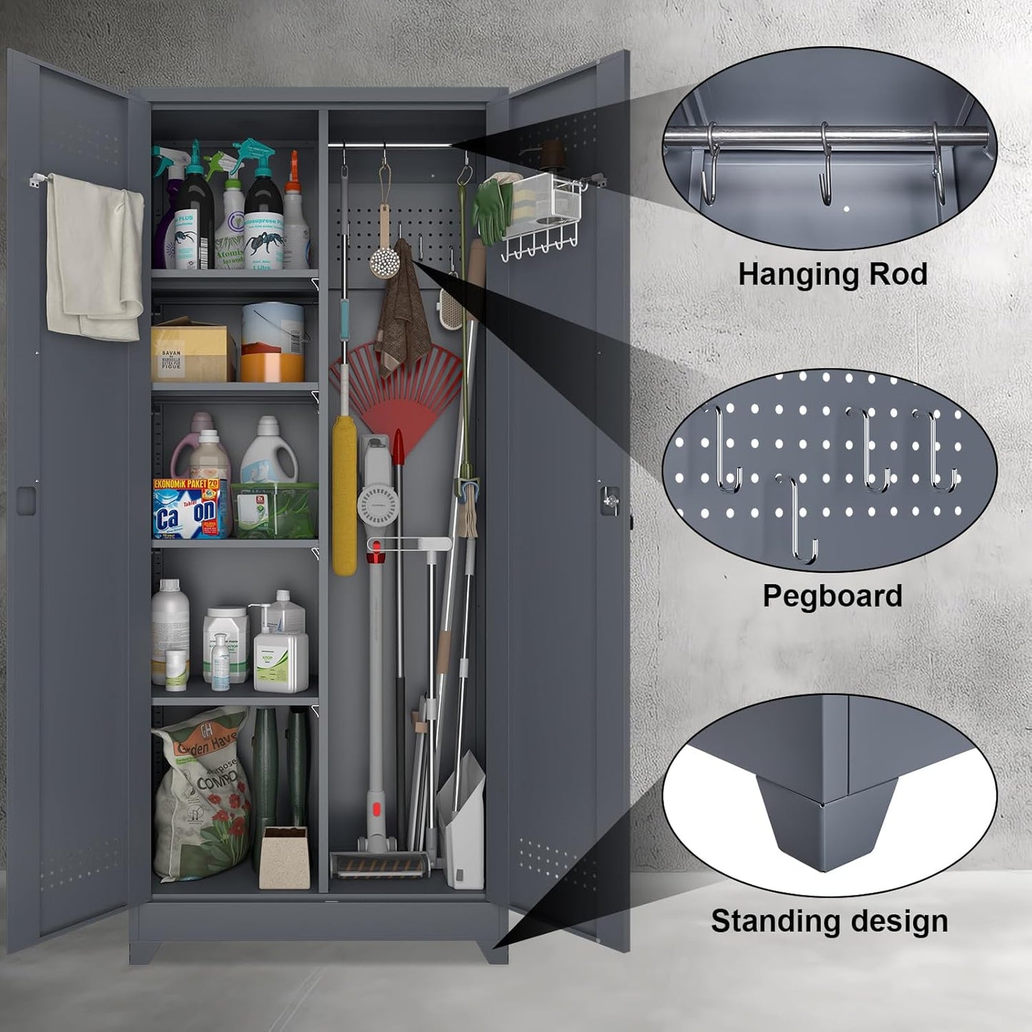 Metal Tool Storage Cabinet, Broom Closet with Hooks, 72.8" Tall Garage Cabinet with Shelves, Heavy-Duty Cleaning Storage for Utility Room, Gym, Office, Garage