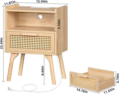 Lerliuo Rattan Nightstands Set of 2 with Charging Station, Boho Night Stand with Handmade Natural Rattan Drawer and Open Shelf, Side End Tables with Solid Wood Legs for Bedroom, Dorm, Small Spaces