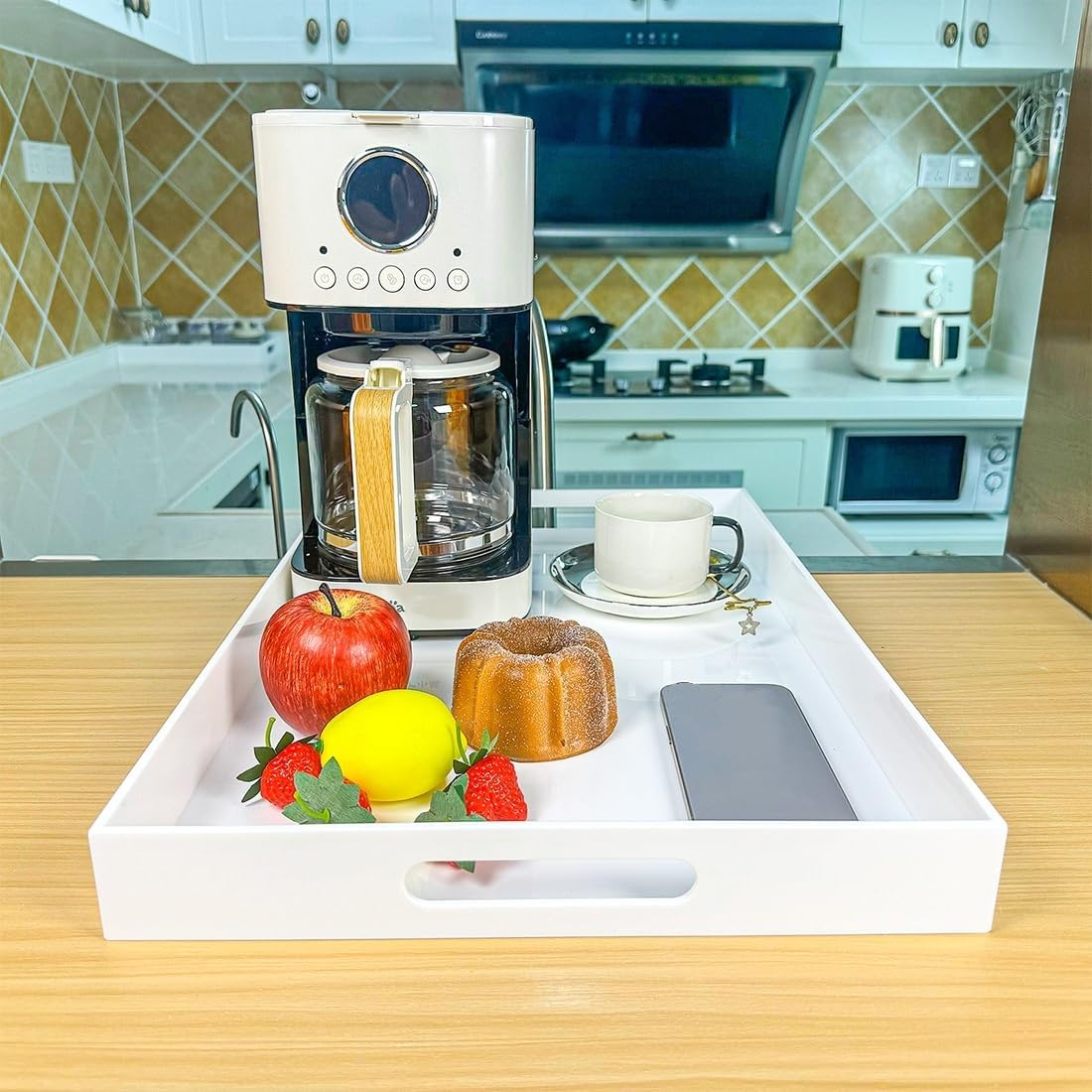 White Rectangular 14x20 Inches Acrylic Ottoman Tray Decorative Serving Tray with Cutout Handles Organizer Tray on Coffee Table Countertop Big Breakfast Bed Tray Living Room Appetizer Serving Food