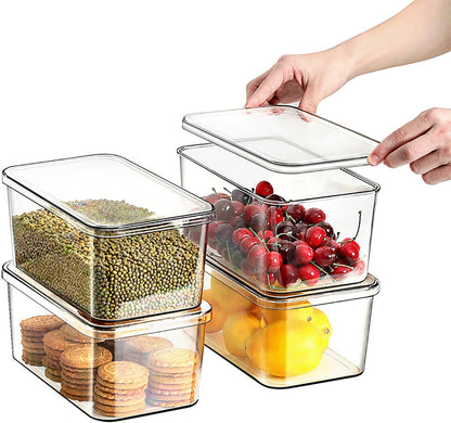 Clear Storage Bins With Lids,4 Packs Food Storage Organizer,Stackable Kitchen Cabinet,Bathroom Basket,Fridge Organization.Pantry Transparent Containers For Fruits,Drinks
