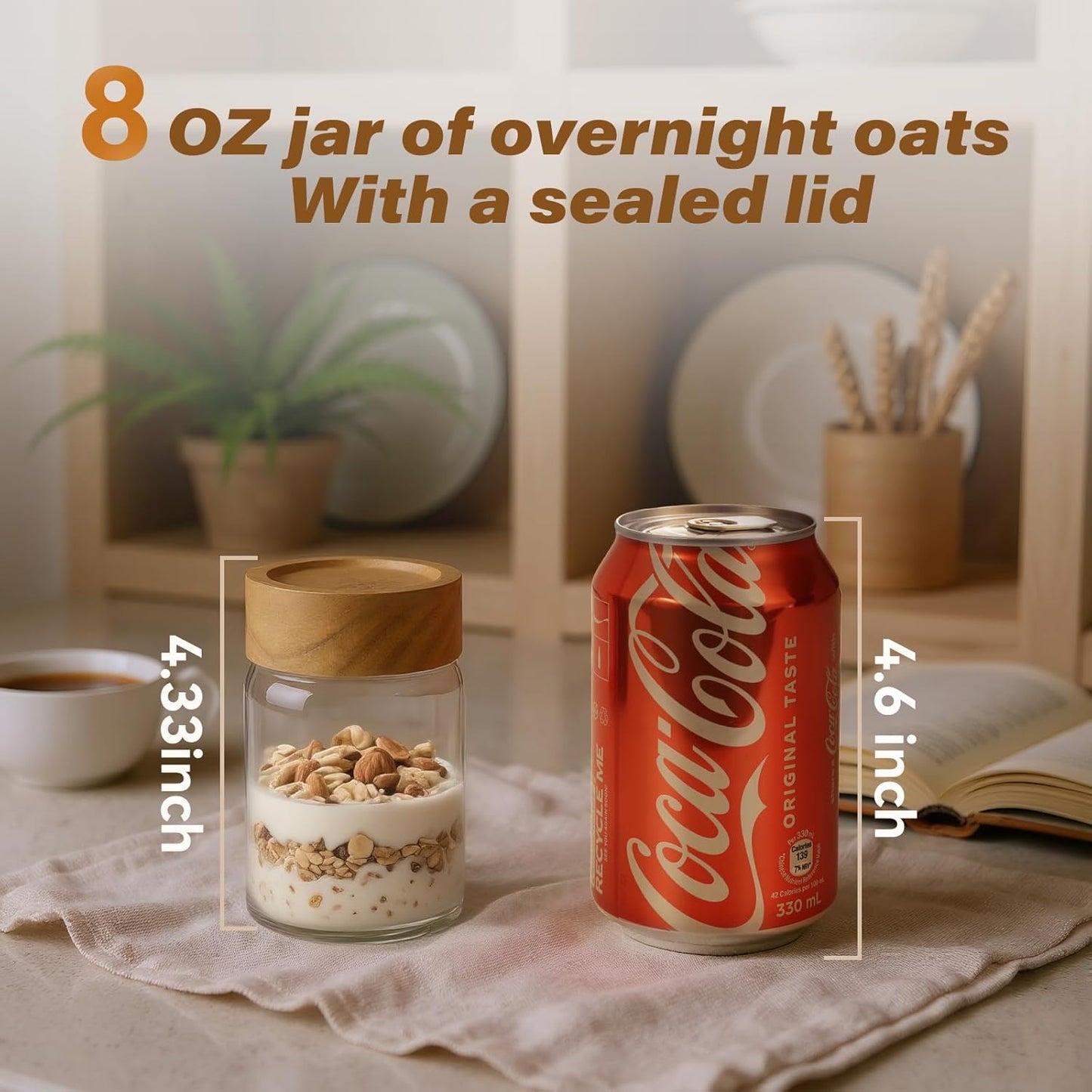 6pc Glass Mason Jars with Acacia Wood Airtight Lids - Overnight Oats & Food Storage Container Set, Clear Stackable Leakproof Kitchen Canisters for Meal Prep/Snack Organization/Spice Storage