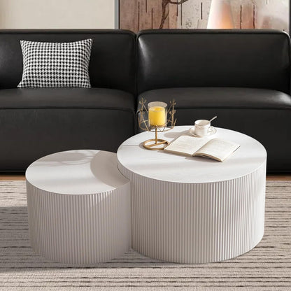 Nesting Coffee Table Set of 2 Modern Handcraft Fluted Coffee and End Table Sets Wooden Drum Small Round Side Table Minimalist Cream Center Tables for Living Room,No Assembly,Crescent Large