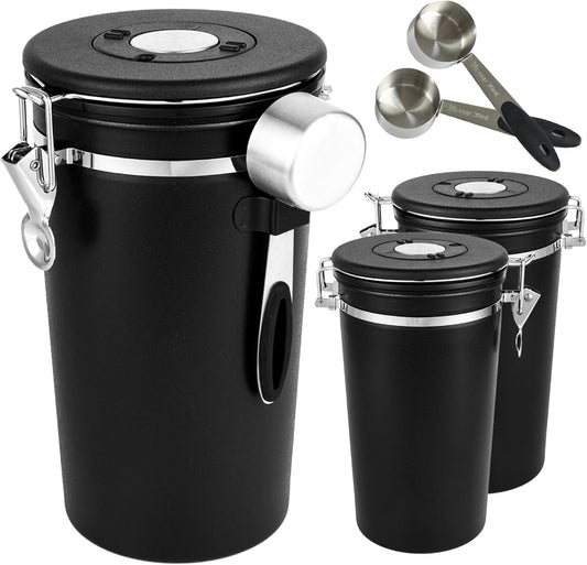 malmo Coffee Canister Set of 3, Airtight Coffee Container with Date Tracker Lid, Stainless Steel Canister for Kitchen Food Storage (Black, 180oz)