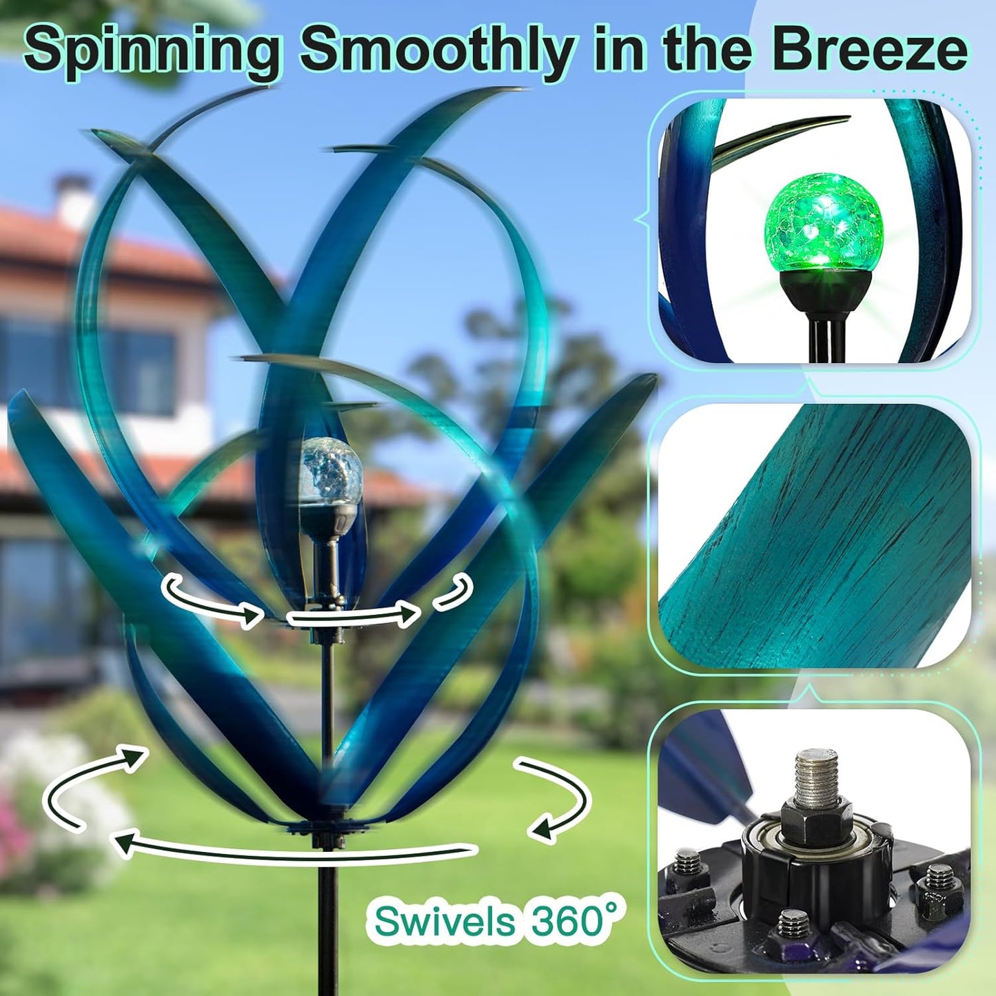 Outdoor Wind Spinners with Solar Light, 82'' Metal Large Spinner Yard Art, Peacock Blue Wind Sculptures for Garden Lawn Patio, Gifts for Family