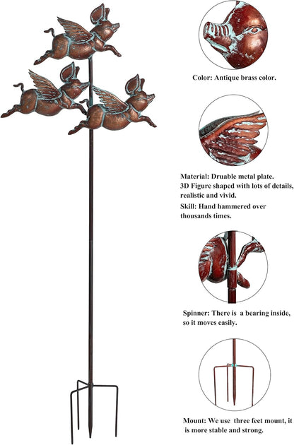 Flying Pig Statues,90" x 32" Antique Copper Outdoor Flying Pigs Garden Decor,Metal Pig Sculpture,Wind Spinner,Weather Vane,Yard Art for Patio,Lawn,Garden,Country Cottage,Farm