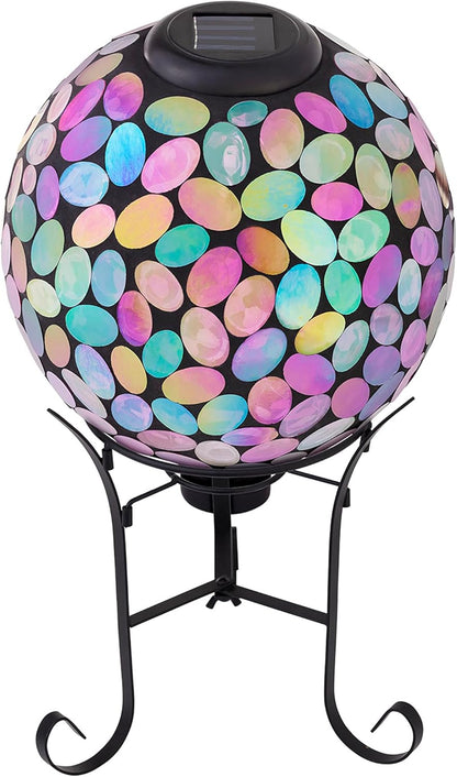 Alpine Corporation Outdoor Solar Powered Pink Glass Mosaic Gazing Globe with LED Lights and Metal Stand, Violet