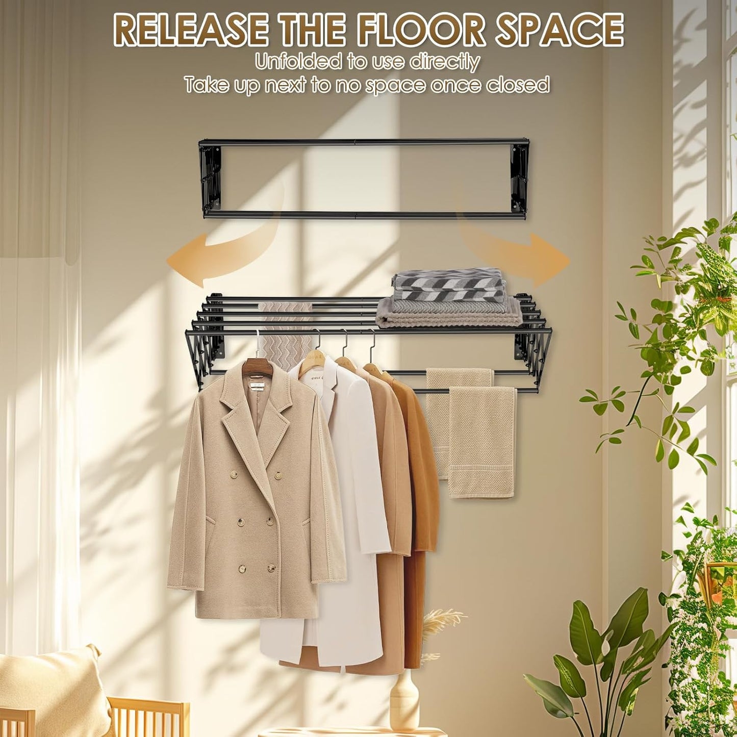 XL-31.5'' Wall Mounted Clothes Drying Rack, 130 lbs Large Capacity Rustproof Retractable Collapsible Drying Rack Easy Install with 7 Drying Rods, Space Saving Towel Clothes Rack for Laundry-Black