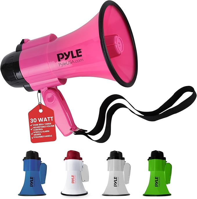 PYLE Portable Megaphone Speaker Siren Bullhorn - Compact and Battery Operated with 30 Watt Power, Microphone, 2 Modes, PA Sound and Foldable Handle for Cheerleading and Police Use PMP34PK