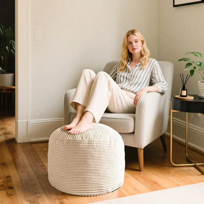 Round Stuffed Pouf Ottoman, Foot Stools Ottoman,Corduroy Poufs with Foam Chunk Filling, Furry and Fluffy Storage Ottomans, 20 X 15 Floor Poufs Foot Rest for Living Room